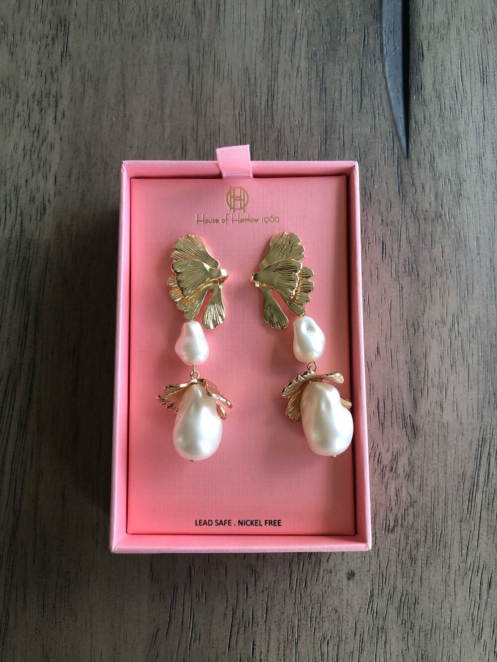 House of Harlow 1960 Gold Leaf and Faux Pearl Dangle Drop Earrings
